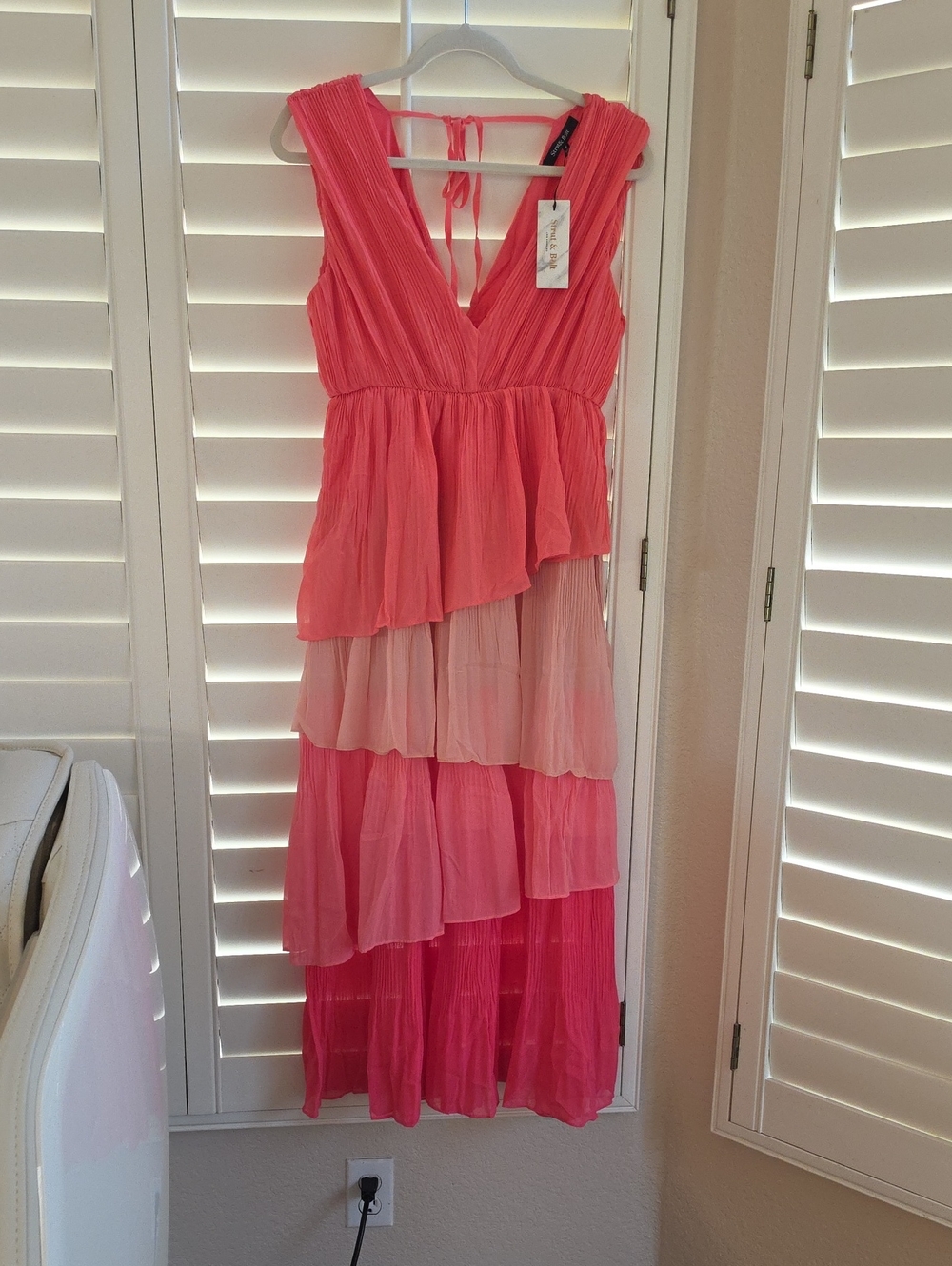 NWT Strut & Bolt Pink Tiered Maxi Dress with Deep V-Neck